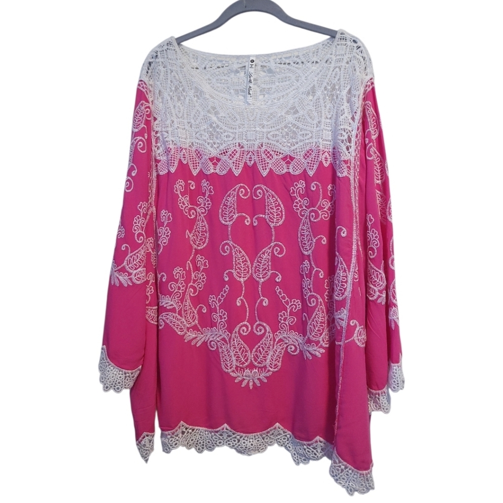 Leo & Nicole 3X Pink Embroidered Lace Tunic Top Bell Sleeve Boho Artsy Romantic